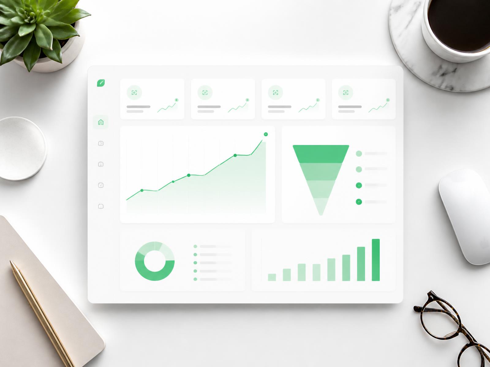Tableau de bord d'analyse marketing affichant une courbe de croissance et un tunnel de conversion