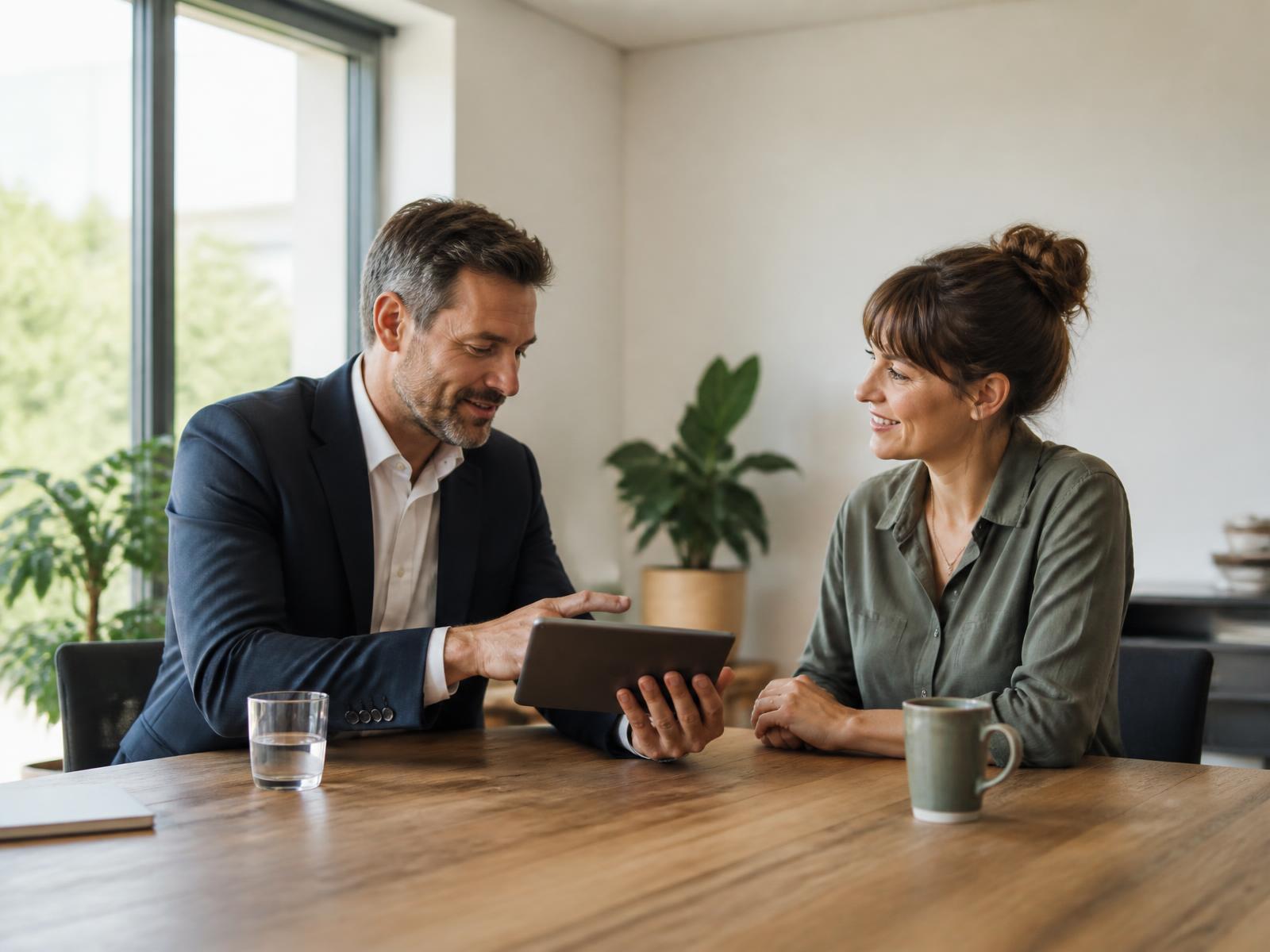 Conseiller Green Connection présentant un plan d'acquisition à une dirigeante de PME suisse